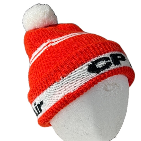 Canadian Pacific Hat Beanie Toque CP Air Orange White Pompom Double Layer 1 Size - Picture 5 of 7